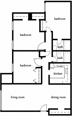 Floor plan for 3 beds, 2 baths, 1177 sqft